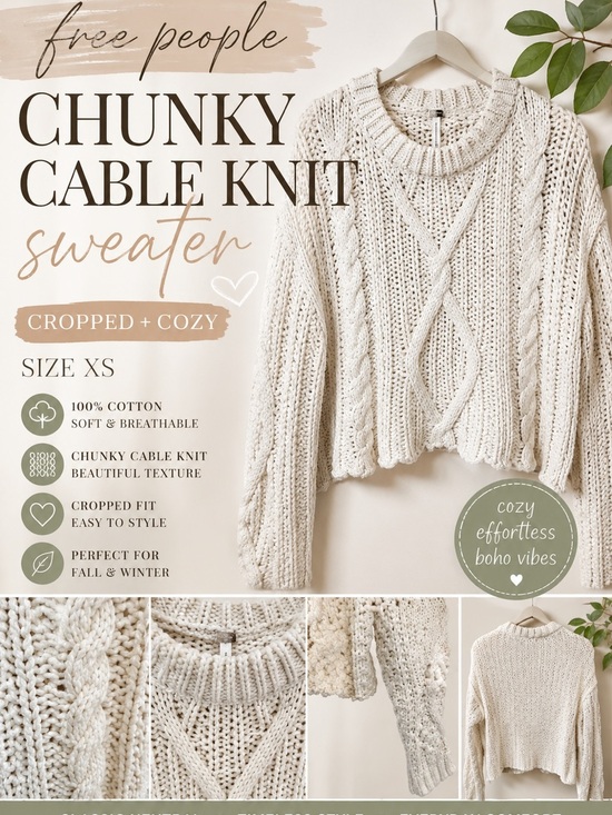 Free People Sweaters - Free People Cream Chunky Cable Knit Cropped Sweater Size XS